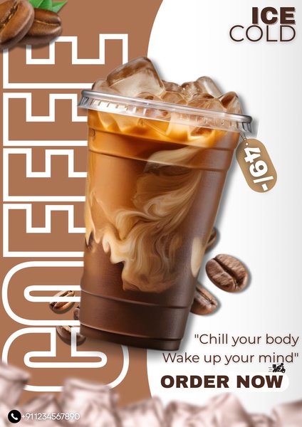 iced coffee, cold coffee, coffee drink, iced latte, cold brew coffee, coffee beverage, daily deal, sale promotion, modern typography, minimalist, bold, energetic, brown, neutral